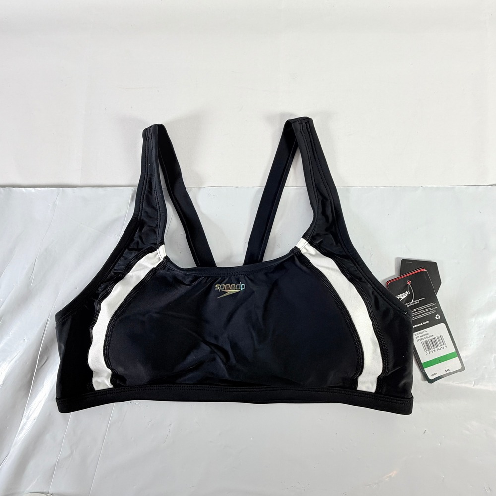 Speedo Colorblock Crossback Athletic Bikini Swim Top‎ Black White Womens Size L